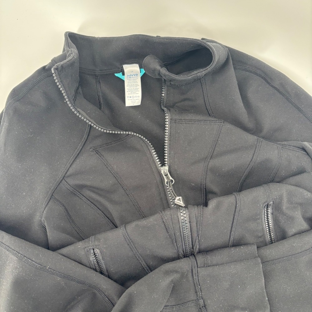 Ivivva Full Zip Jacket Kids 14 Black Excellent Thumbholes Mock Neck Athletic